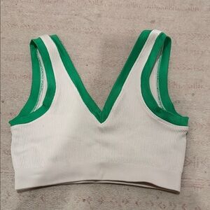 Ribbed V‑Neck Crop Bralette in Green and Cream